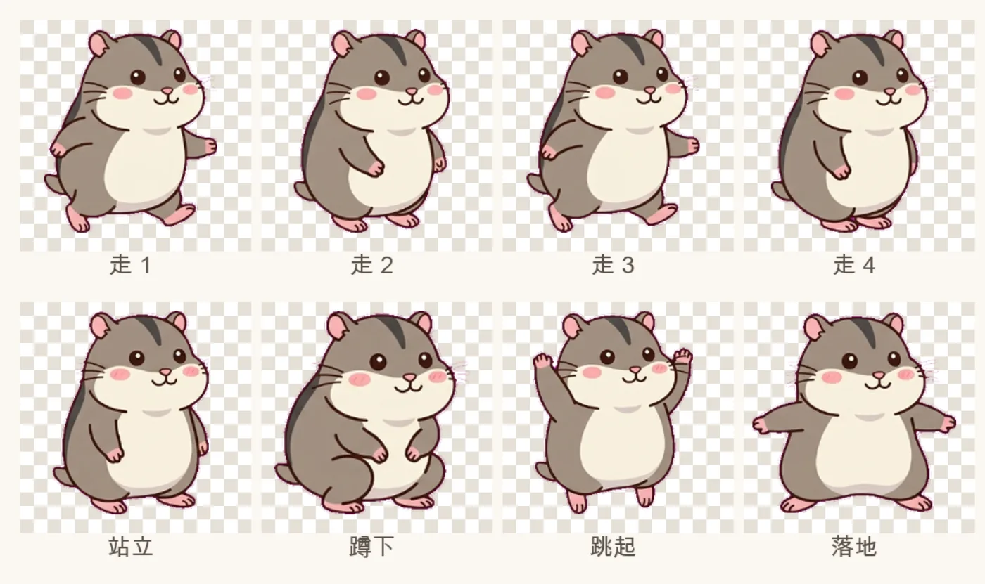 切格去背後的八格，每格標了走 1 到走 4、站立、蹲下、跳起、落地