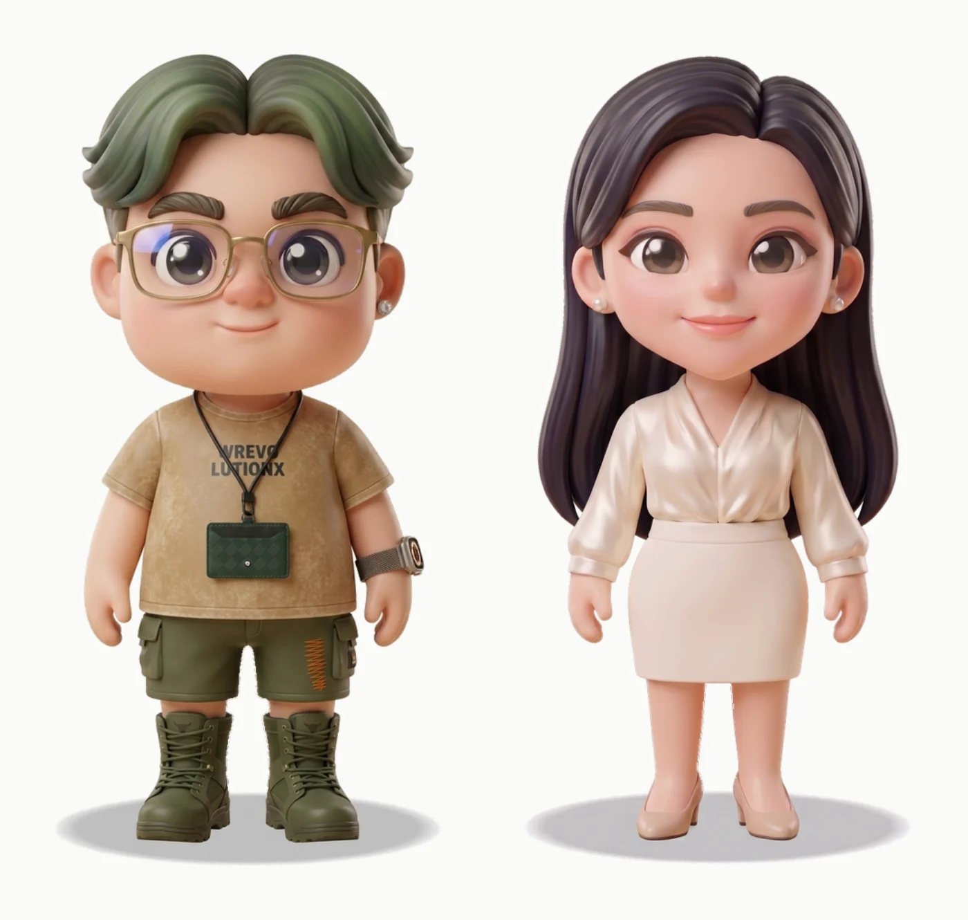 兩個 3D 公仔角色並排：左邊是綠髮戴金框眼鏡的幸運，右邊是長髮的希望